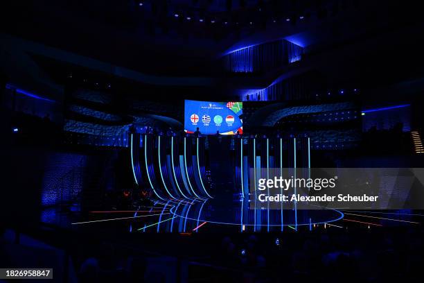 General view as the Play-off group C participants are displayed during the UEFA EURO 2024 Final Tournament Draw at Elbphilharmonie on December 02,...
