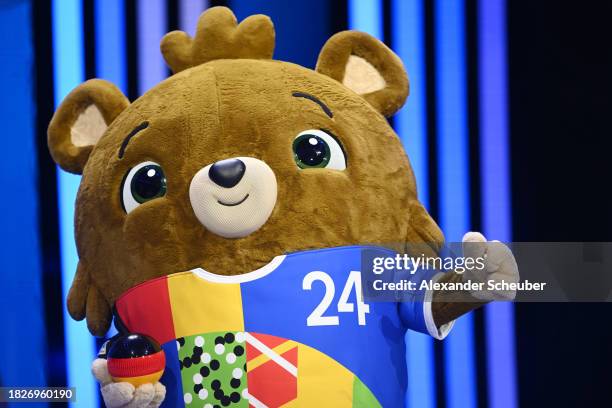 Albärt, the official mascot of UEFA EURO 2024, takes to the stage during the UEFA EURO 2024 Final Tournament Draw at Elbphilharmonie on December 02,...