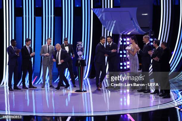 Special guests Wesley Sneijder​ and Sami Khedira​ take to the stage during the UEFA EURO 2024 Final Tournament Draw at Elbphilharmonie on December...