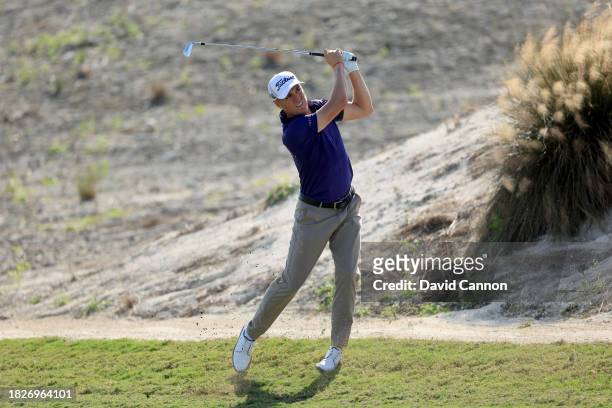 Justin Thomas of the United States plays his second shot on the third hole during the third round of the Hero World Challenge at Albany Golf Course...
