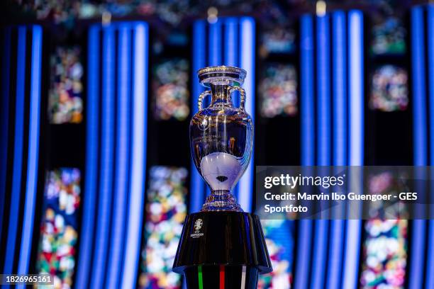 Detailed view of the UEFA EURO 2024 trophy after the UEFA EURO 2024 Final Tournament Draw at Elbphilharmonie on December 02, 2023 in Hamburg, Germany.