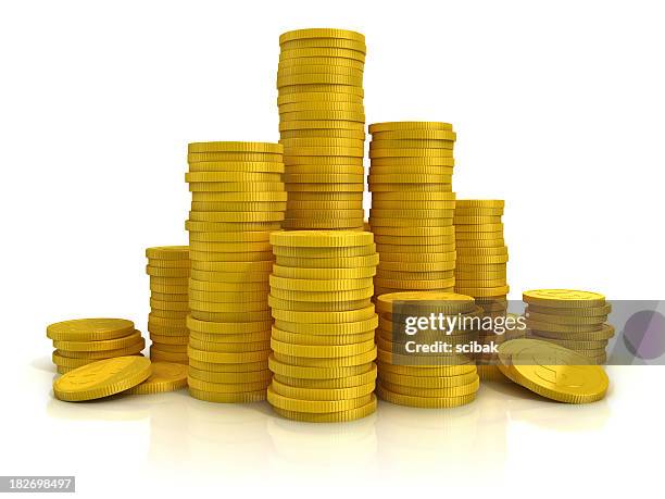 golden coins on white - stacked pyramid stockfoto's en -beelden