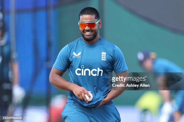 Rehan Ahmed of England takes part in a Nets and Training session ahead of the first ODI during CG United One Day International series at Sir Vivian...