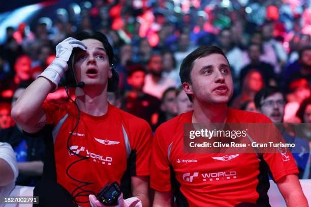 Dean Heldt and Nicolas Romero react during the Manufacturers Cup Final in the Gran Turismo World Series Finals at Fira de Barcelona on December 02,...