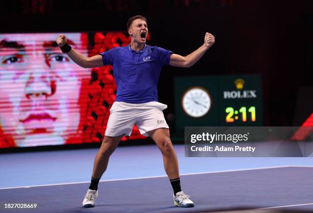 Hamad Medjedovic of Serbia celebrates winning match point in the final against Arthur Fils of France during day five of the Next Gen ATP Finals at...