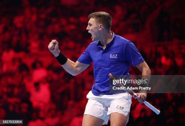 Hamad Medjedovic of Serbia celebrates in the final against Arthur Fils of France during day five of the Next Gen ATP Finals at King Abdullah Sports...