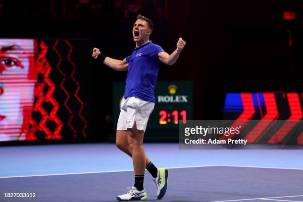 Hamad Medjedovic of Serbia celebrates winning match point in the final against Arthur Fils of France during day five of the Next Gen ATP Finals at...