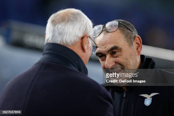 Head Coach Maurizio Sarri of SS Lazio talks to Head Coach Claudio Ranieri of Cagliari Calcio prior to the Serie A TIM match between SS Lazio and...
