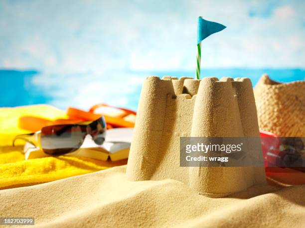 sandcastle and sunglasses - sandcastle stock pictures, royalty-free photos & images