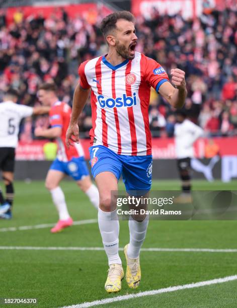 Christian Stuani of Girona FC celebrates after scoring their team's second goal during the LaLiga EA Sports match between Girona FC and Valencia CF...