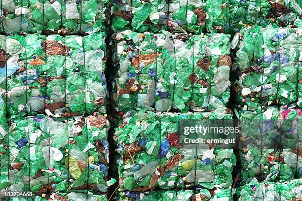 green plastic bottles ready for recycling - recycling bildbanksfoton och bilder