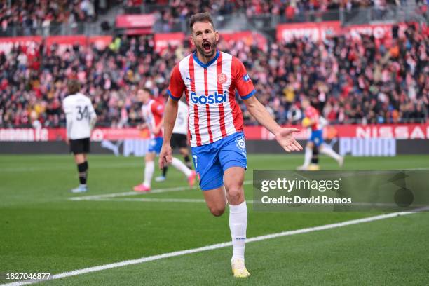 Christian Stuani of Girona FC celebrates after scoring their team's second goal during the LaLiga EA Sports match between Girona FC and Valencia CF...