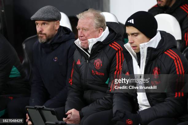 Erik ten Hag, Manager of Manchester United, and Steve McClaren, Assistant coach of Manchester United look on prior to the Premier League match...