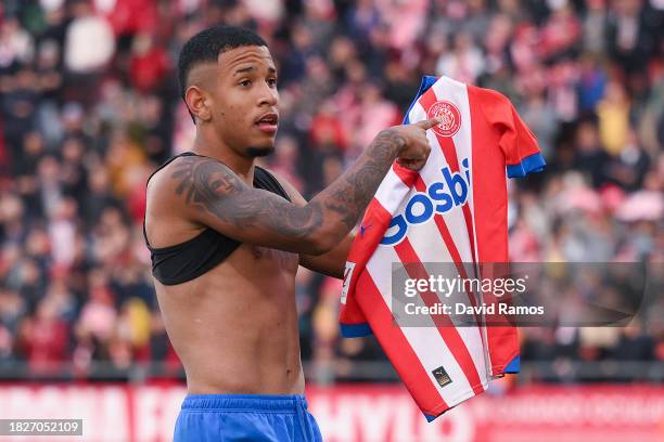 Savinho Moreira of Girona FC celebrates after scoring their team's third goal wich after was disallowed during the LaLiga EA Sports match between...