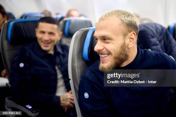 Federico Dimarco of FC Internazionale reacts on the plane during the Inter travel to Naples at Malpensa Airport on December 02, 2023 in Milan, Italy.