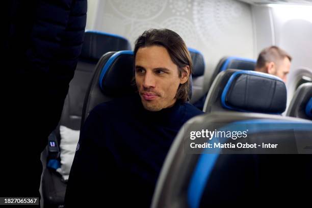 Yann Sommer of FC Internazionale reacts on the plane during the Inter travel to Naples at Malpensa Airport on December 02, 2023 in Milan, Italy.