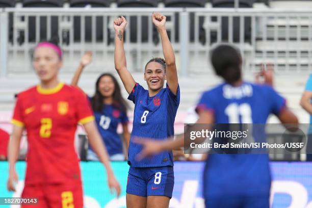 Trinity Rodman of the United States celebrates a goal by Sophia Smith of the United States during the first half of an international friendly against...