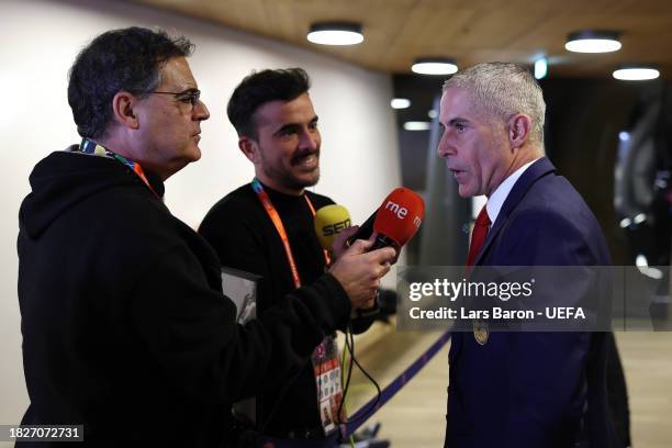 Sylvinho, Head Coach of Albania, is interviewed in the mixed zone after the UEFA EURO 2024 Final Tournament Draw at Elbphilharmonie on December 02,...