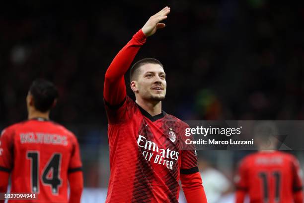 Luka Jovic of AC Milan celebrates after scoring the team's first goal during the Serie A TIM match between AC Milan and Frosinone Calcio at Stadio...