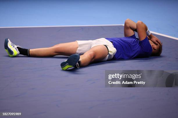 Hamad Medjedovic of Serbia celebrates after winning match point in the final against Arthur Fils of France during day five of the Next Gen ATP Finals...