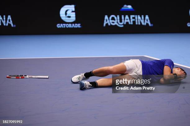 Hamad Medjedovic of Serbia celebrates after winning match point in the final against Arthur Fils of France during day five of the Next Gen ATP Finals...