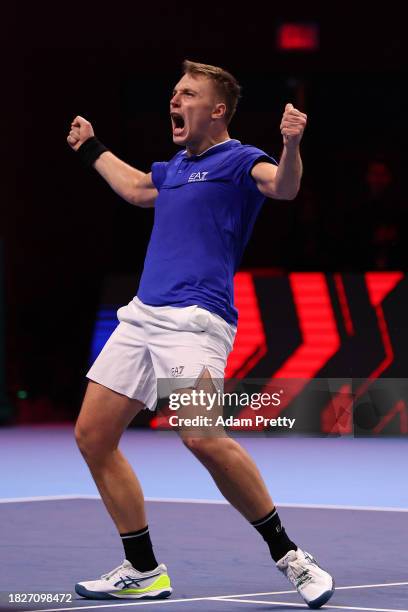 Hamad Medjedovic of Serbia celebrates winning match point in the final against Arthur Fils of France during day five of the Next Gen ATP Finals at...