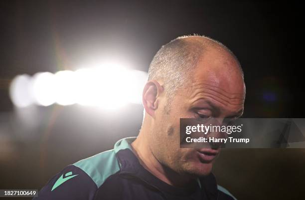 Alex Neil, Manager of Stoke City looks on as they are interviewed following the Sky Bet Championship match between Plymouth Argyle and Stoke City at...