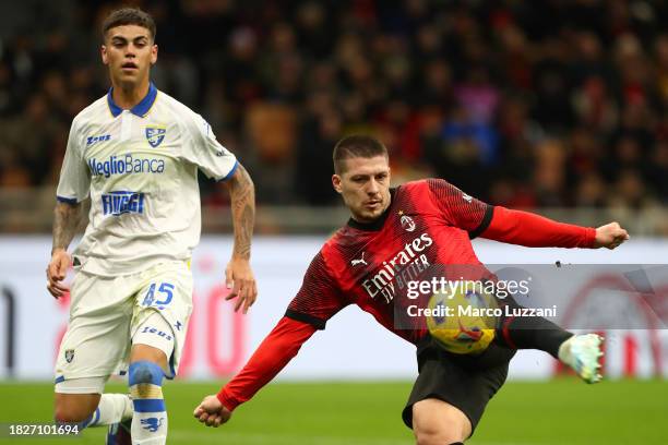 Luka Jovic of AC Milan scores the team's first goal during the Serie A TIM match between AC Milan and Frosinone Calcio at Stadio Giuseppe Meazza on...