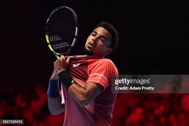 Arthur Fils of France reacts as he plays against Hamad Medjedovic of Serbia during day five of the Next Gen ATP Finals at King Abdullah Sports City...