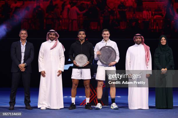 Arthur Fils of France, runner up and Hamad Medjedovic of Serbia, winner, pose for a photo with their trophies after the final during day five of the...