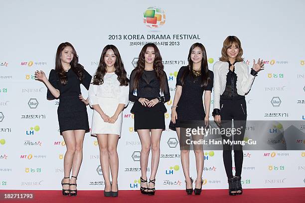 Members of South Korean girl group Dal Shabet arrive for photographs at 2013 Korea Drama Awards at Jinju Arena on October 02, 2013 in Jinju, South...