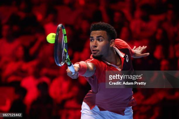 Arthur Fils of France plays a backhand to Hamad Medjedovic of Serbia in the final during day five of the Next Gen ATP Finals at King Abdullah Sports...