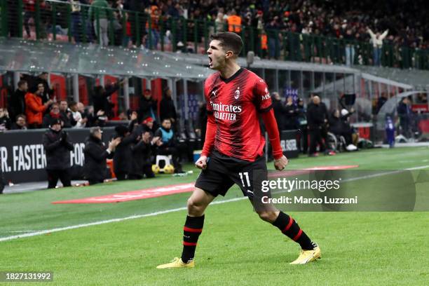 Christian Pulisic of AC Milan celebrates after scoring the team's second goal during the Serie A TIM match between AC Milan and Frosinone Calcio at...