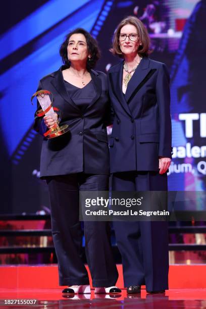 Joanna Hogg and actress Hiam Abbass, winner of the Jury Prize for the movie "Bye Bye Tiberias" stand on stage during the closing ceremony of the 20th...