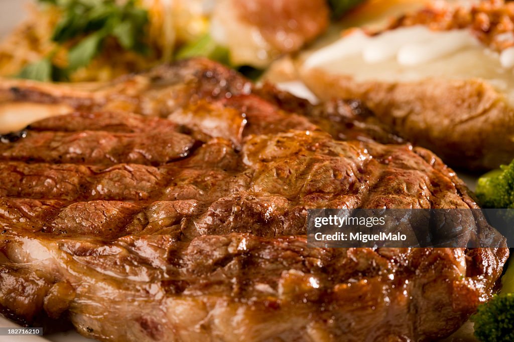 Close-up of grill marks in a strip steak