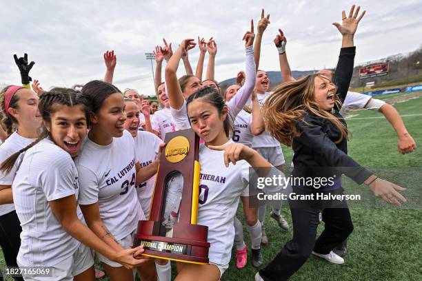 The Cal Lutheran Regals celebrate after their win against the Washington University Bears during the 2023 Division III Women's Soccer Championship at...