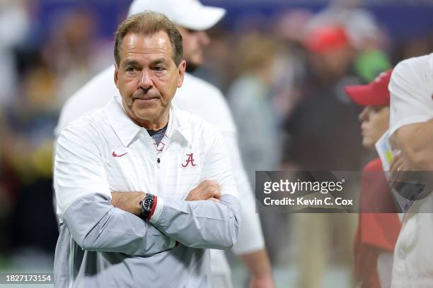 Head coach Nick Saban of the Alabama Crimson Tide looks on prior to the SEC Championship game against the Georgia Bulldogs at Mercedes-Benz Stadium...
