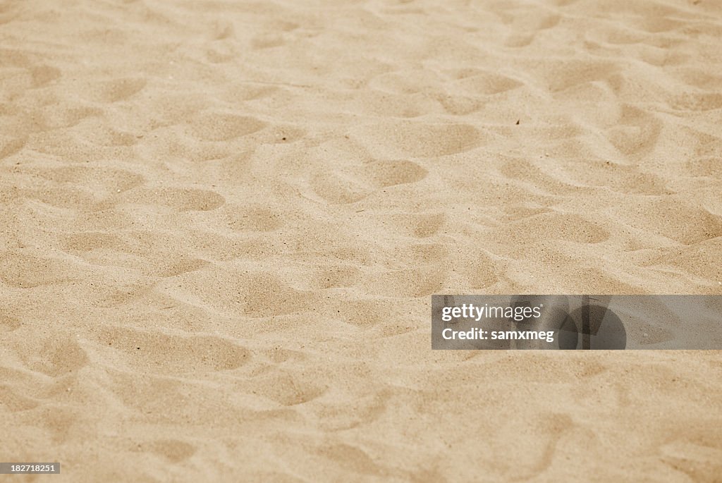 A close-up of sand on a beach with numerous footprints