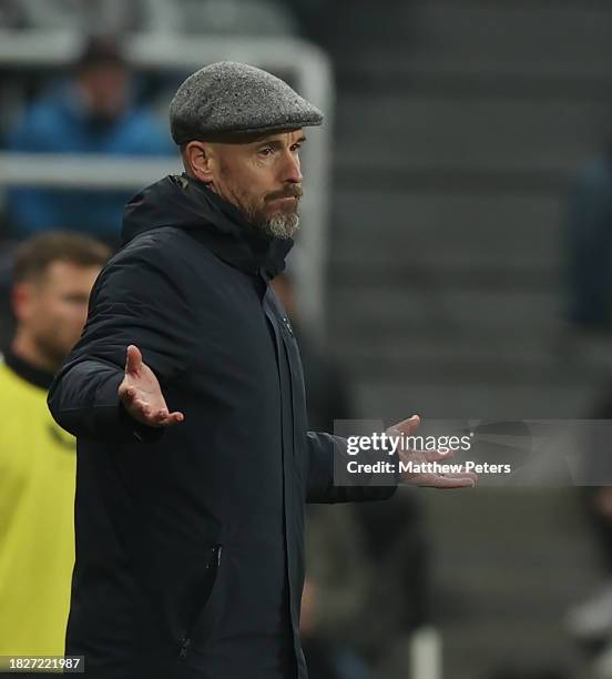 Manager Erik ten Hag of Manchester United watches from the touchline during the Premier League match between Newcastle United and Manchester United...