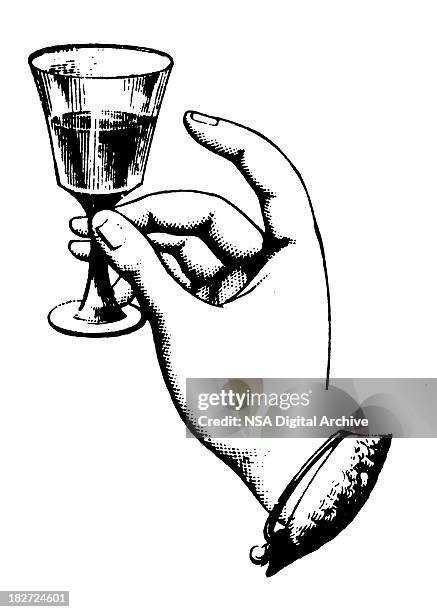 stockillustraties, clipart, cartoons en iconen met hand holding glass wine | antique design illustrations - gravure gefabriceerd object