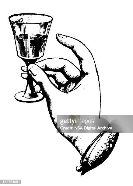 hand holding glass wine | antique design illustrations - engraved image stock illustrations