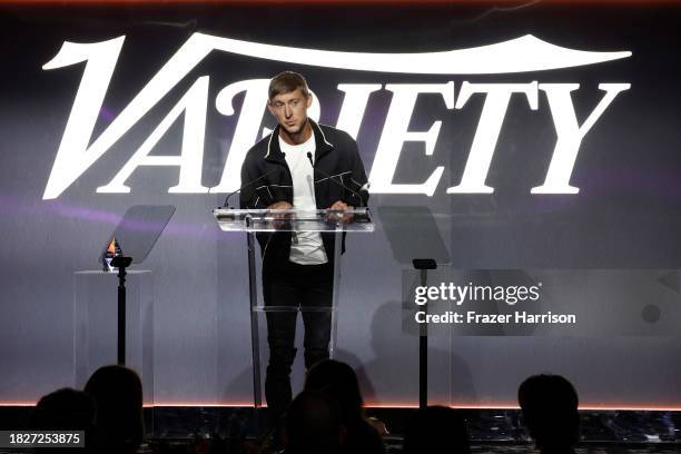 Ashley Gorley accepts the Songwriter of the Year Award onstage during Variety's Hitmakers presented by Sony Audio on December 02, 2023 in Hollywood,...