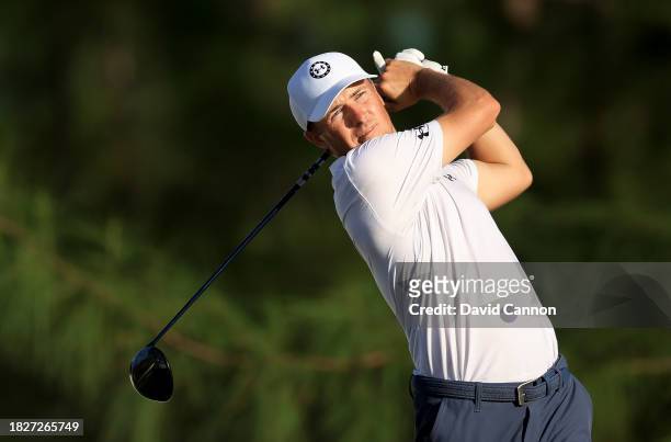 Jordan Spieth of the United States plays his tee shot on the 13th hole during the third round of the Hero World Challenge at Albany Golf Course on...