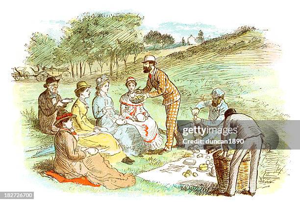victorian picnic - picnic friends stock illustrations