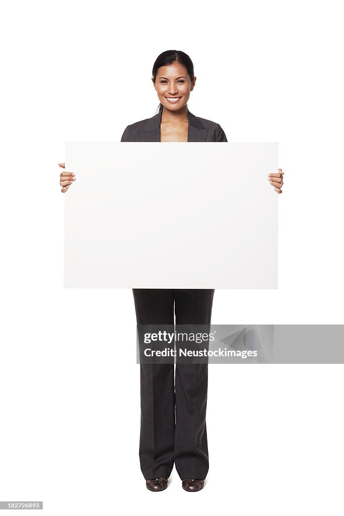 Young Businesswoman Holding Blank Sign. Isolated.