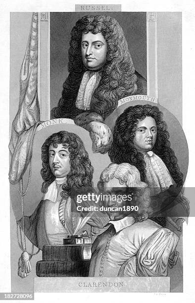 william russell, duke of monmouth, george monk, edward hyde - 17th century style stock illustrations