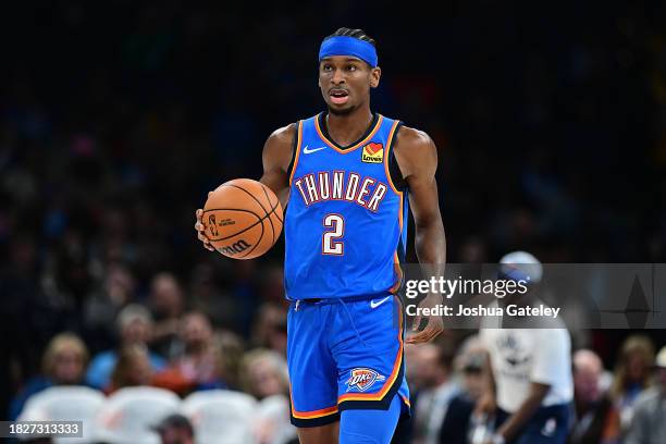 Shai Gilgeous-Alexander of the Oklahoma City Thunder handles the ball during the second half against the Los Angeles Lakers at Paycom Center on...