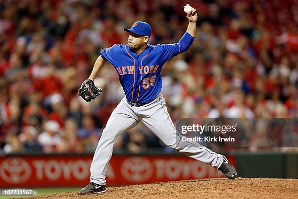 Pedro Feliciano of the New York Mets throws a pitch during the game against the Cincinnati Reds at Great American Ball Park on September 23, 2013 in...