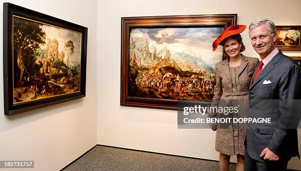 King Philippe - Filip of Belgium and Queen Mathilde of Belgium pose for photographers as they visit the MAAN Museum during the 'Joyous Entry - Blijde...
