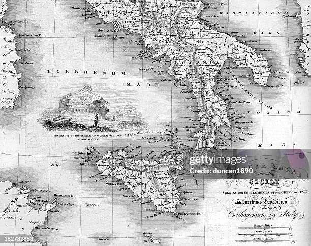 stockillustraties, clipart, cartoons en iconen met vintage map of magna graecia - archeologie